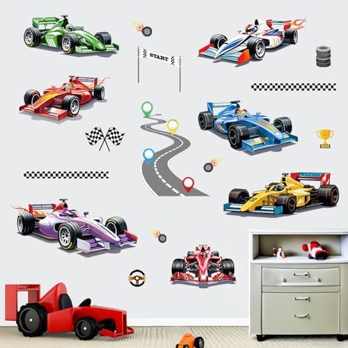 wondever Racing Car Wall Stickers Vehicles Roads Peel and Stick Wall Art Decals for Kids Bedroom
