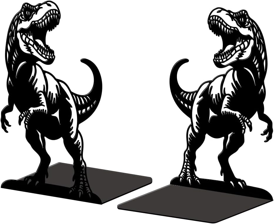 Peacoblue Metal Bookends for Shelves, Modern Decorative Heavy Duty Study Book Ends Stoppers for Office, Desk, Shelf, Room 5.3"x4.3"x7.9" Cast Iron Simple Tall Bookends 1 Pair (Tyrannosaurus Rex)