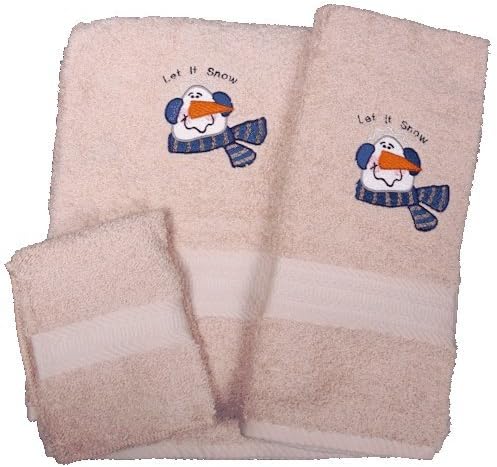 Embroidered Let It Snow Snowman on Beige Wash Hand Bath Towels Set