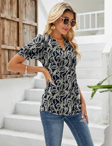 EFFAN Womens Summer Tops Casual V Neck Pleated Short Sleeve T Shirts Flower Print Tunic Blouse Floral_Navy L (UK 16-18) - Image 5
