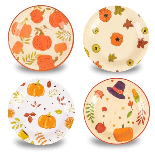Pacote de 48 pratos de papel de outono de 7 polegadas, design de folha de ácer de ação de graças, abóbora, descartáveis, pratos de sobremesa, pratos de jantar para colheita de outono, suprimentos de