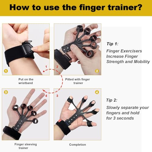 Image of Finger Exerciser Finger Stretcher Finger Resistance Band Guitar Strength Trainer Reverse Grip Strengthener Climbing Exercise Equipment Finger Extensor Strengthener for Wrist Hand, 1-8 LB Resistance Levels, Black and Grey, Adjustable Wrist Strap
