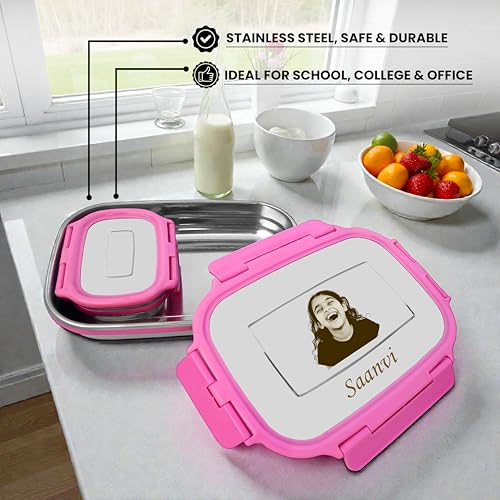 Image of SAVRI Personalized Kids Stainless Steel Lunch Box Pink -Customized Photo & Name Laser Printed Tiffin Box | Leakproof School Snack Storage for Boys & Girls | Birthday Return Gift, Daycare & Picnic Use