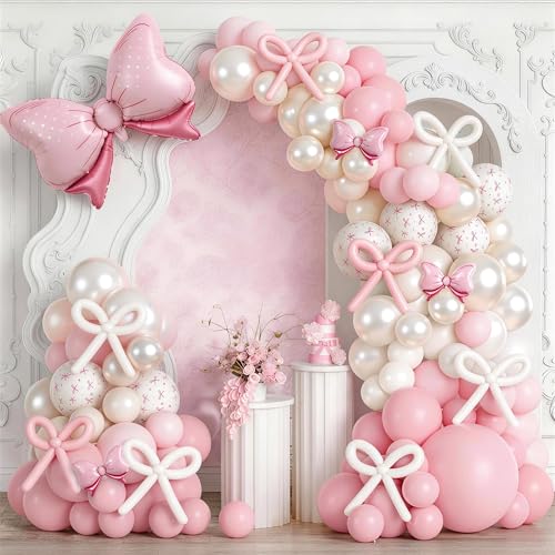 Winrayk Pink Bow Balloons Arch Kit, Pink and White Balloon Garland with Bow & Long Balloons for Baby Bridal Shower Bachelorette Valentine's Day Anniversary Wedding Coquette Birthday Party Decorations