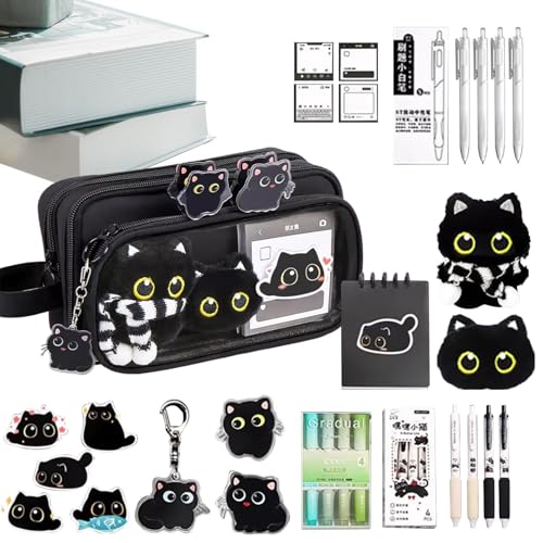 Generico Lindo estuche para kit de papelería con estuche para gatos negros - Mini estuche para suministros escolares, bolsa de escritorio Kawaii, soporte ligero para instrumentos de escritura |