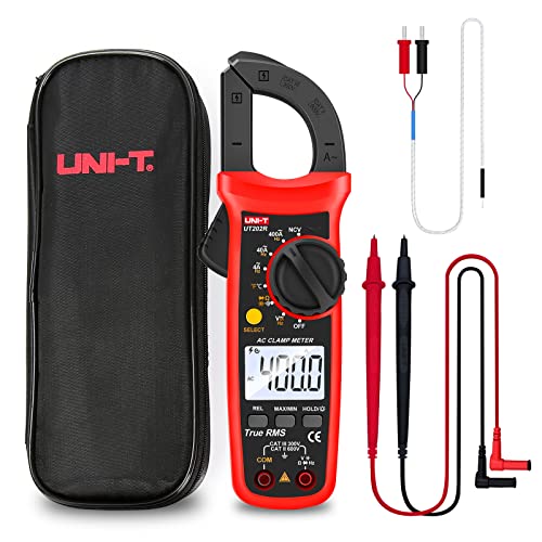 UNI-T Digital Clamp Meter UT202R AC Current TRMS Volt Amp Ohm Meter HVAC Clamp On Multimeter, Auto Ranging 4000Counts Temperature AC DC Voltage Frequency Resistance Capacitance Continuity Diode Tester