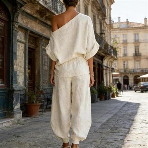 Conjunto de lino premium para mujer con pantalones cónicos en color blanco roto 4