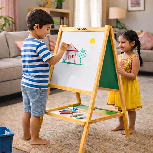 Image of GOSHU 2 in 1 Double Sided Wooden Easel Stand (80 cm x 40 cm) Whiteboard and Chalkboard for Adults, A-Type Foldable Writing Board with Tray for Classroom, Office and Home Use (Kids, Pack of 1 Item)