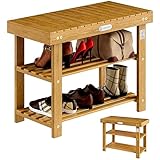 Casaria® Schuhregal mit Sitzfläche Holz Massiv 160kg Belastbarkeit FSC®-Zertifiziert Akazie 3 Ebenen Flur Bad Schuhbank Sitzbank Schuhschrank Braun