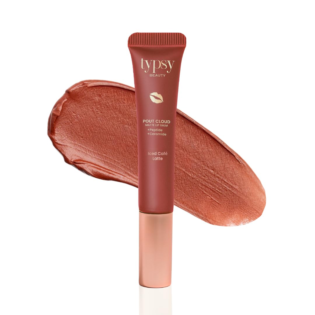 Typsy Beauty Pout Cloud Matte Lip Balm | Blurring Finish, Tinted Lip Balm with Peptides, Ceramides & Vitamin C & E | Rich colour payoff with long-lasting stain I Nude Brown - Iced Café Latte 03| 8g