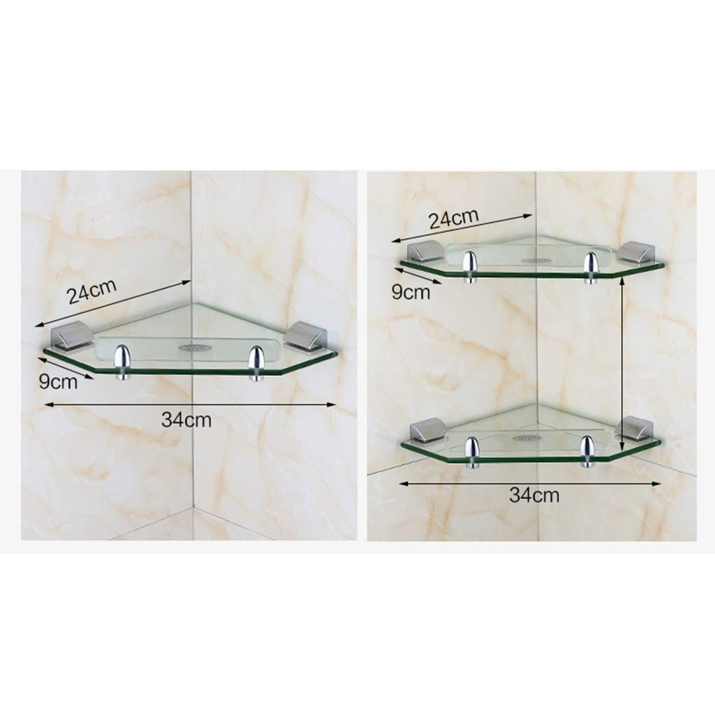 Estante esquinero de vidrio, cesta de almacenamiento para ducha montada en la pared, organizador de almacenamiento, estante de baño de vidrio templado de acero inoxidable (tamaño: 2 estantes) (2 nive