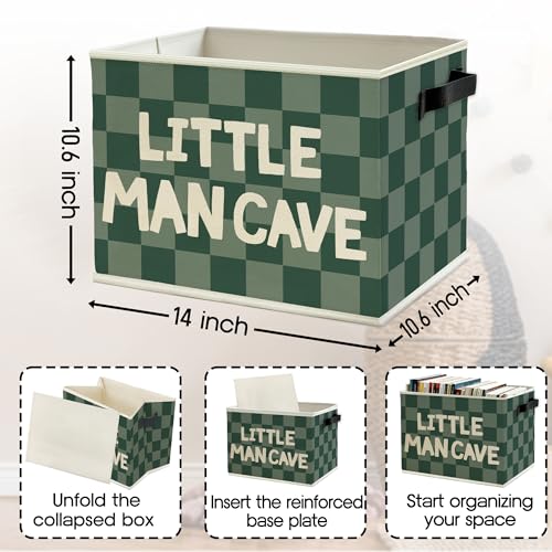 Image of Little Man Cave Boys Storage Bins Box with Handles, Green Checkered Pattern Collapsible Basket Organizer for Kids Boys Playroom Nursery Room Bedroom Bathroom Books Clothes