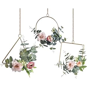 Fermus Floral Hoop Wreaths Set of 3 Artificial Flower Hanging Wall Hoop Garland with Pink Clematis Tea Rose Flowers and Green Eucalyptus Leaves for Wedding Nursery Wall Decor