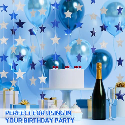 Image of Spakon 65 Feet Glitter Star Shaped Paper Garland Banner Hanging Decoration Star Streamer Double Side 2026 Graduation Decorations for Wedding Birthday New Year Party Decoration(Silver and Blue)