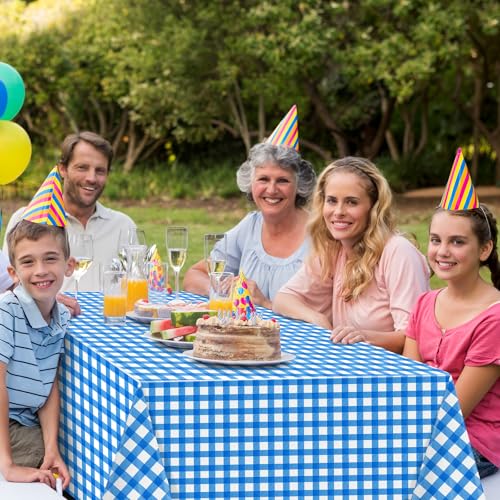 Image of 12 Pack Blue and White Plastic Checkered Tablecloth, Premium Decorative Disposable Blue Gingham Plaid Table Cloths for Parties, Rectangle Party Table Cover for Picnic Farm Birthday Wedding, 54x108Inch