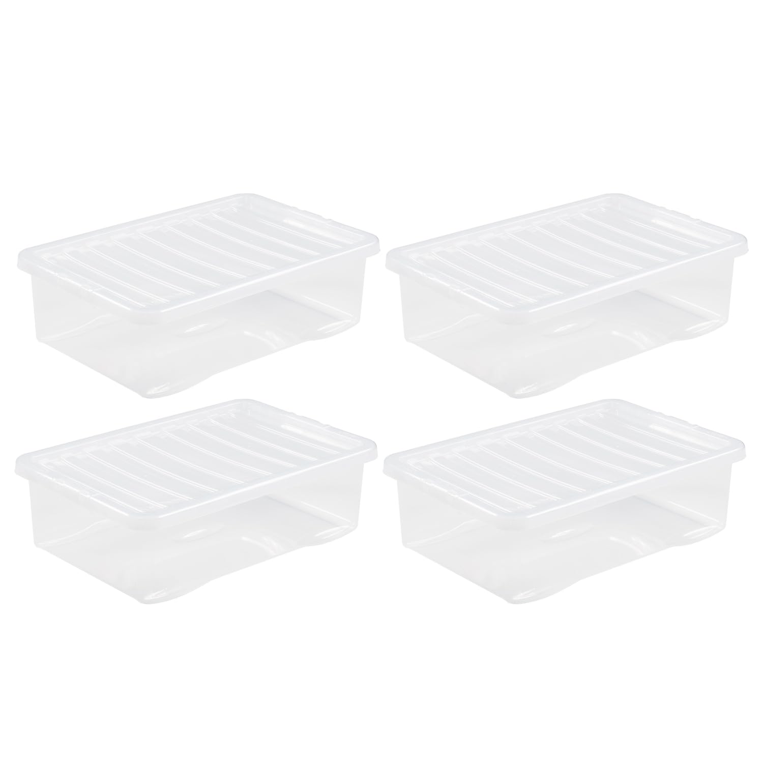 JMS we create smile - Crystal 32L Clear Plastic Storage Boxes With Lids - (Pack of 4). Clear, Strong, Stackable, Nestable Made in UK
