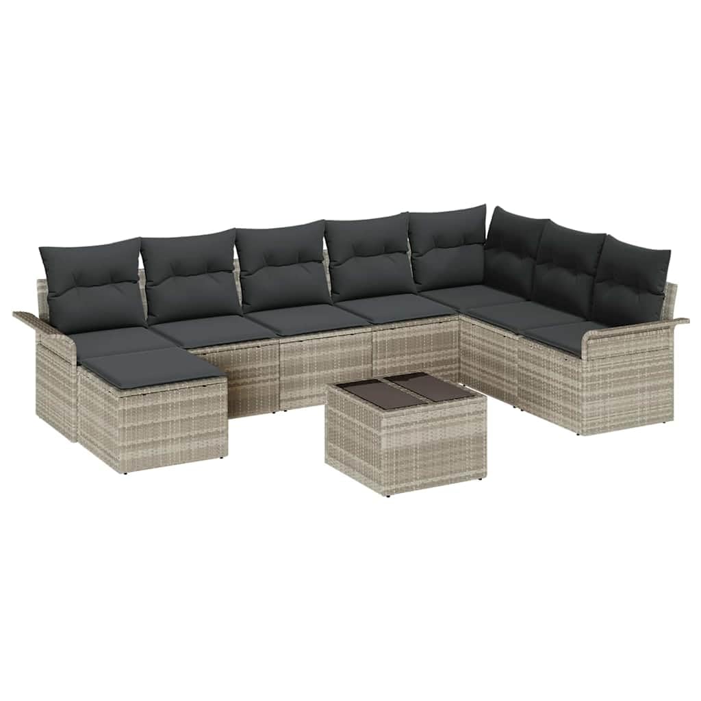 Set di 9 divani da giardino modulari in polyrattan grigio con cuscini, design moderno con struttura intrecciata, struttura in acciaio, ideale per giardino e terrazza.