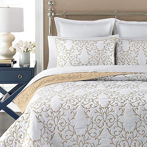 mixinni Quilt King Size Reversible Soft Cotton 3-Piece Beige Embroidery Pattern Elegant Quilt Set with Embroidered Decorative Shams Soft Bedspread&Coverlet Set-King Size Cover