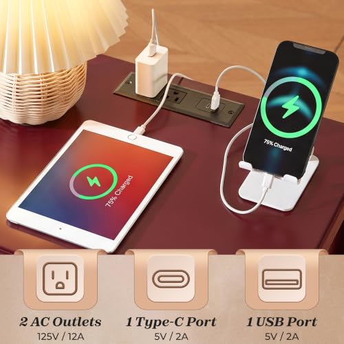 Image of Huuger Red Nightstand Set of 2, Night Stand with Charger Station