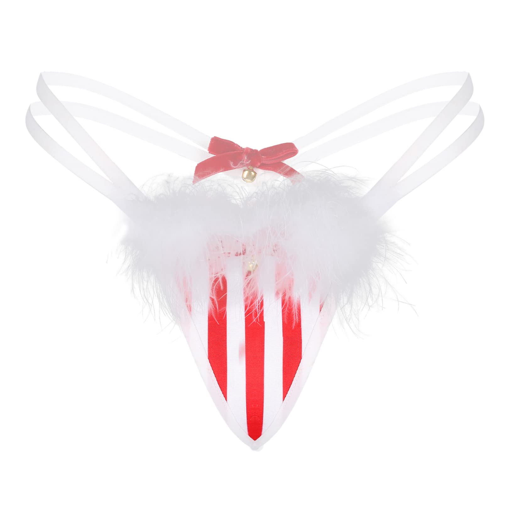 LiiYii Womens Mrs Santa Claus Striped Briefs Feather Trimming Bowknot Bell T-Back Thongs Underwear