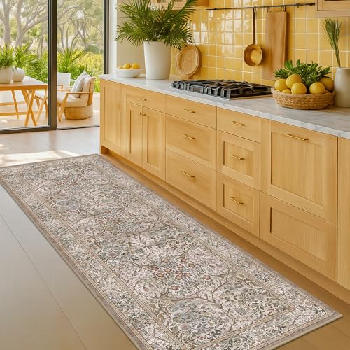 Moss Green 2'6" x 8' Runners for Hallways Non Slip, Extra Long Floor Runner for Kitchen, Entryway Indoor, Washable Rubber Backing Stain Resistant - Vintage Taupe Brown Floral Décor