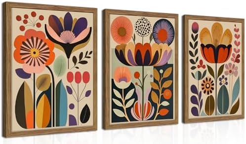 Framed Colorful Floral Wall Art Set of 3, Abstract Scandinavian F...
