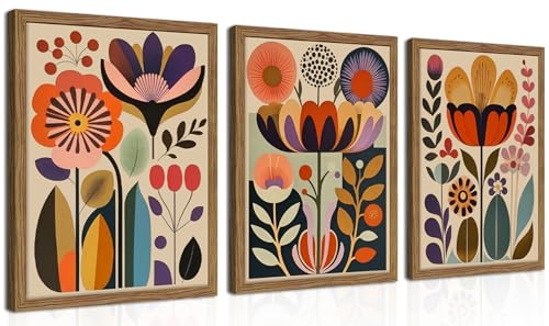 Framed Colorful Floral Wall Art Set of 3, Abstract Scandinavian