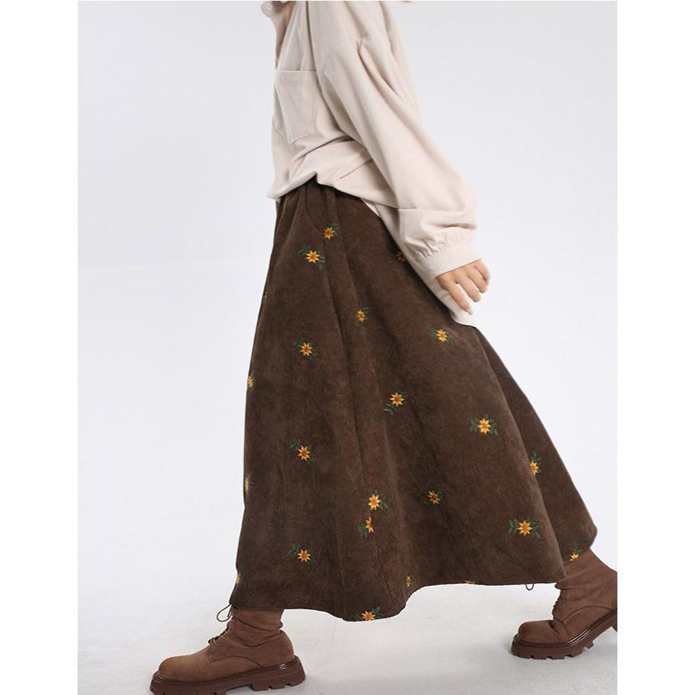 Gonne Lunghe da Donna in Velluto a Coste con Ricami Floreali, Gonna Midi Lunga in Velluto a Coste con Tasche, con Tasche gonne Invernali