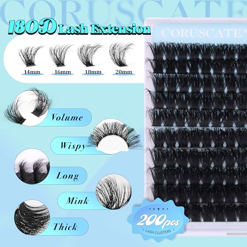 Fluffy Lash Clusters Long Eyelash Clusters, 180D Thick Cluster Eyelash Extensions 14-20mm Individual Lashes Look Like Lash Extension 170pcs Dramatic Eyelashes DIY Volume Lashes Strip