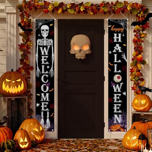 Happy Halloween Porch Banner Sign Pumpkin Skeleton Front Door Decorative Hanging Banner Flag Halloween Welcome Banners for Front Door Outside Yard Party Supplies