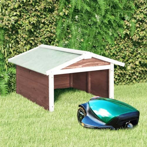 Susany Garage für Rasenmäher Roboter, Mähroboter Garage Dach Carport Überdachung für Rasenroboter Rasenmäher, 72x87x50 cm Mocca und Weißes Tannenholz