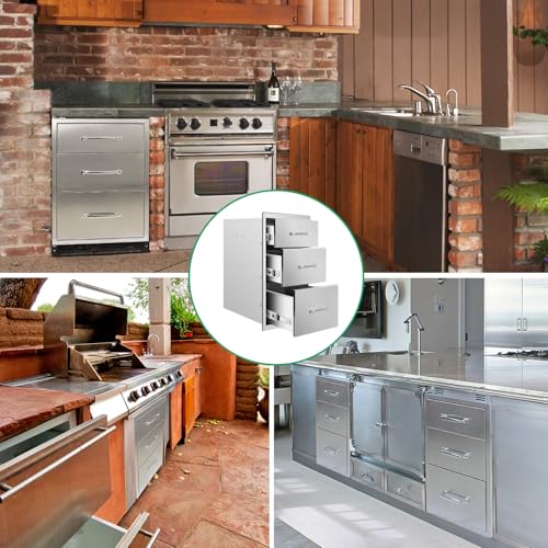 Image of Outdoor Kitchen Drawers 20 inch W x 27 inch H x 23 inch D Stainless Steel Triple Drawers with Ergonomic Handle for BBQ Island, Patio Grill Station & Outdoor Kitchen Cabinets