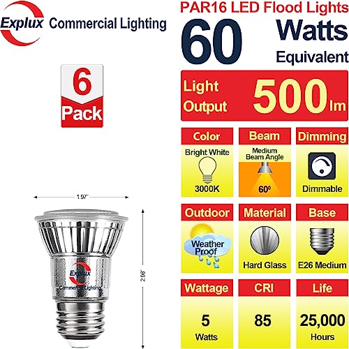 Explux LED PAR16 Long Neck Spotlight Bulbs, Dimmable, 60W Equivalent 500 Lumens, Classic Full Glass, 3000K Bright White, 6-Pack - Image 3