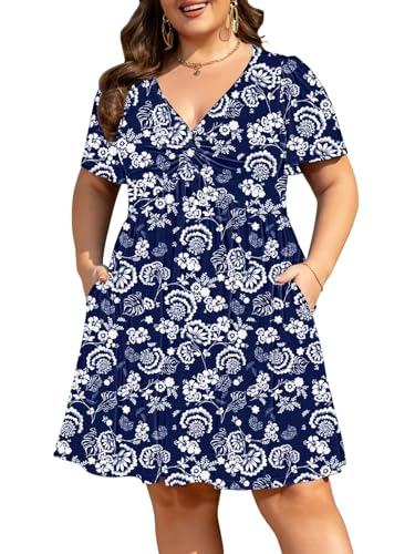 Image of Manllenshie Womens Plus Size Summer Dress Casual Short Sleeves Deep V Neck Twist Knot Front Flowy Dress with Pockets