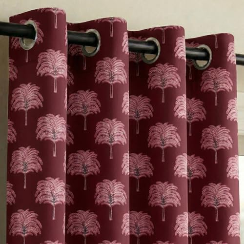 Image of Fashion String Elegant Tree 150 GSM Semi Transparent Eyelet Polyester Door Curtains - 7 Feet, Maroon (Set of 2)