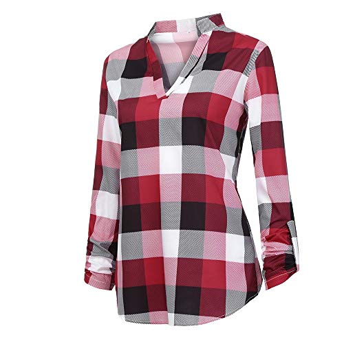 Women Long Sleeve Flannel Plaid T Shirts Pullover Sweatshirts Sexy V Neck Tops Casual Boyfriend Tunic Blouses Hoodies D-red