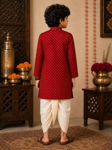 Image of superminis Boy's Cotton Kurta with Dhoti - Golden Thread Work, Solid Round Collar, Full Sleeves, Side Button Kurta Set for Ethnic Wear