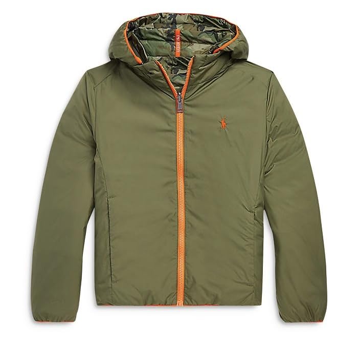 Ralph Lauren Polo Big Kids Boys Reversible Water-Repellent Insulated PrimaLoft Jacket, Green/Camo/Orange, XL (18-20)