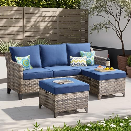 Buenhomino 3 Pieces Patio Furniture Sofa Set-Outdoor Wicker Patio Furniture Covered Couch with Multifunctional Ottoman and All-Weather Patio Conversation Set for Backyard Porch Garden Grey/Blue