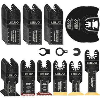 LEILUO 32 Pcs Multitool Blade Kit for Wood Nails Japanese Tooth Oscillating Saw Blades Titanium Oscillating Tool Blade with Storage Bag Compatible with DeWalt Dremel Makita and More
