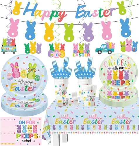 124pcs Easter Party Decorations Set Include Happy Easter Banner Chillin with My Peps Paper Plates and Napkins,Paper Cups,Plastic Tablecloth and Forks,Hanging Swirls, for 20 Guests