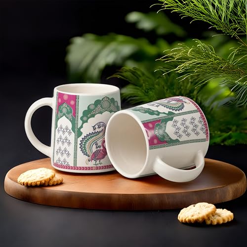 Image of Alive Peacock Art Printed Ceramic Tea /Coffee Mug Set of 2 (300 ml) | Microwave & Dishwasher Safe |Premium Ceramic Mugs for Home, Office & Gifting