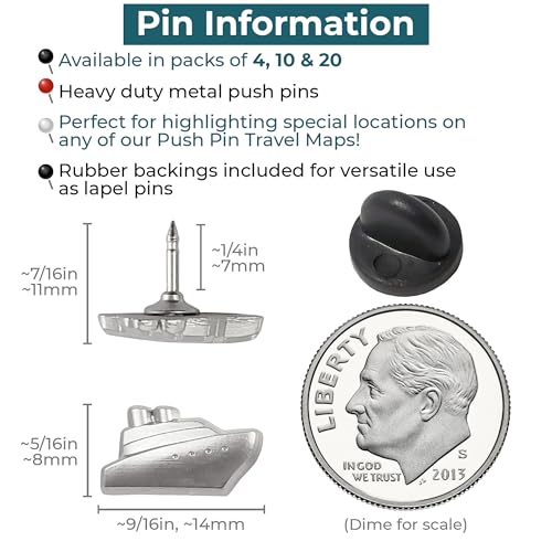 Image of Cruise Ship Push Pins - Silver Metal Cruise Ship Pins - for Cork Board, Maps, or Lapel Pin Use - Designed in USA - Set of 10