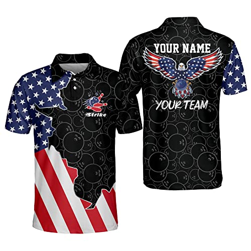 LASFOUR Personalized USA Bowling Shirts for Men, Men's Bowling Polo Shirt Short Sleeve, Crazy Bowling Team Flag Shirt for Men - Main Image