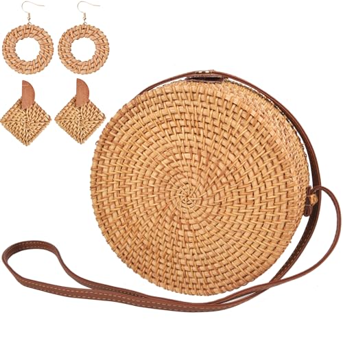 Women Round Rattan Purse Set - Woven Straw Basket Crossbody Bag with 2 Pairs Rattan Earring, Summer Boho Beach Handbag Tote