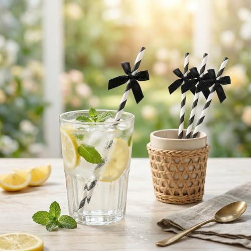 30 pitillos negros y blancos con moño para bebidas miniatura 4