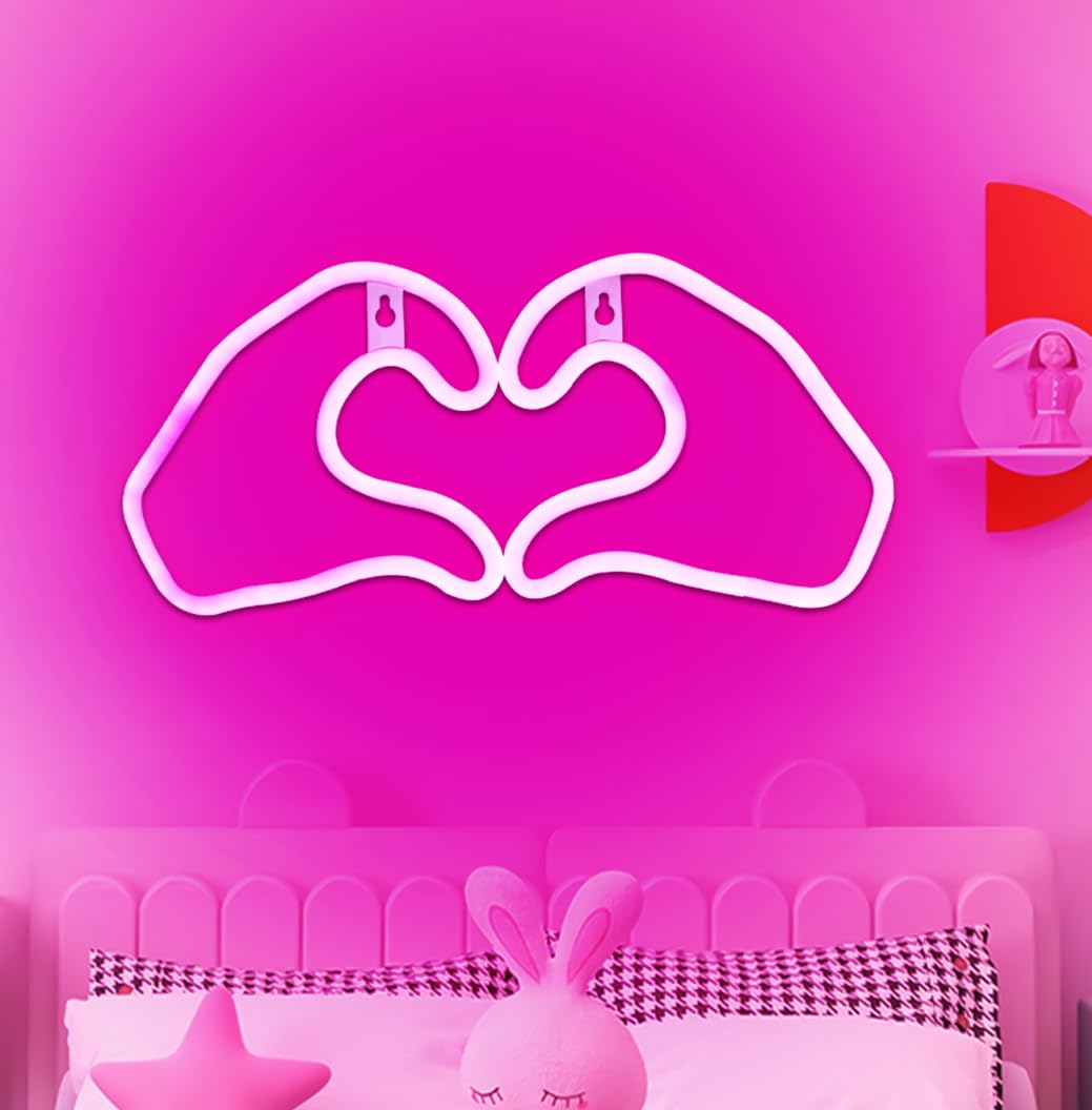 Pink Heart Hand Neon Sign - Battery/USB Powered LED Neon Light for Bedroom, wall, Girls Room Decor, Music Fans, Bar, Party,Birthday Gift