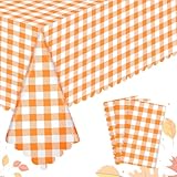 3 Pack Fall Orange Gingham Tablecloth, 54 X 108Inch Plastic Orange Checkered Table Cloth Disposable Scalloped Tablecloths Waterproof Plaid Table Cover for Autumn Harvest Picnic Wedding Birthday Party