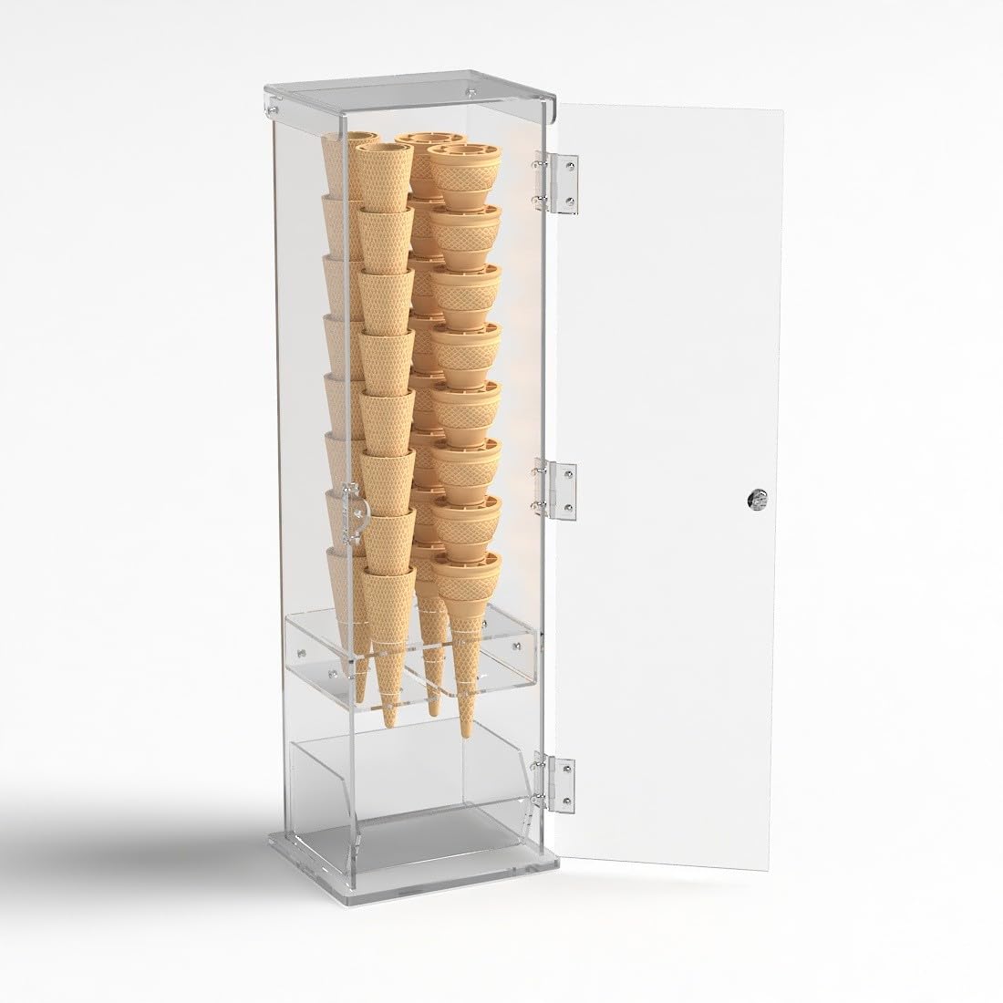 Porta coni gelato in plexiglass trasparente con vaschetta porta cucchiaini e con sportello - Misure: 16 x 13 x H61 cm