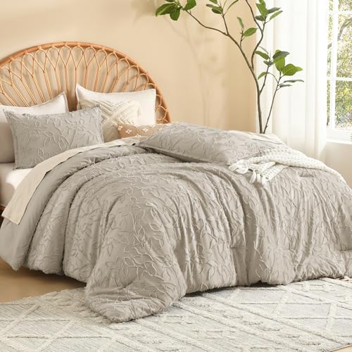Image of Litanika Super King Size Comforter Set Oatmeal, 3 Piece Boho Tufted Bedding, Fluffy Farmhouse Bed Set for All Season with 2 Leaf Pattern Pillowcases(120x120In)